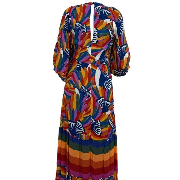 Farm Rio Dress Rainbow Toucan Maxi Puff-Sleeves Abstract-Print Womens Size S - Picture 4 of 10